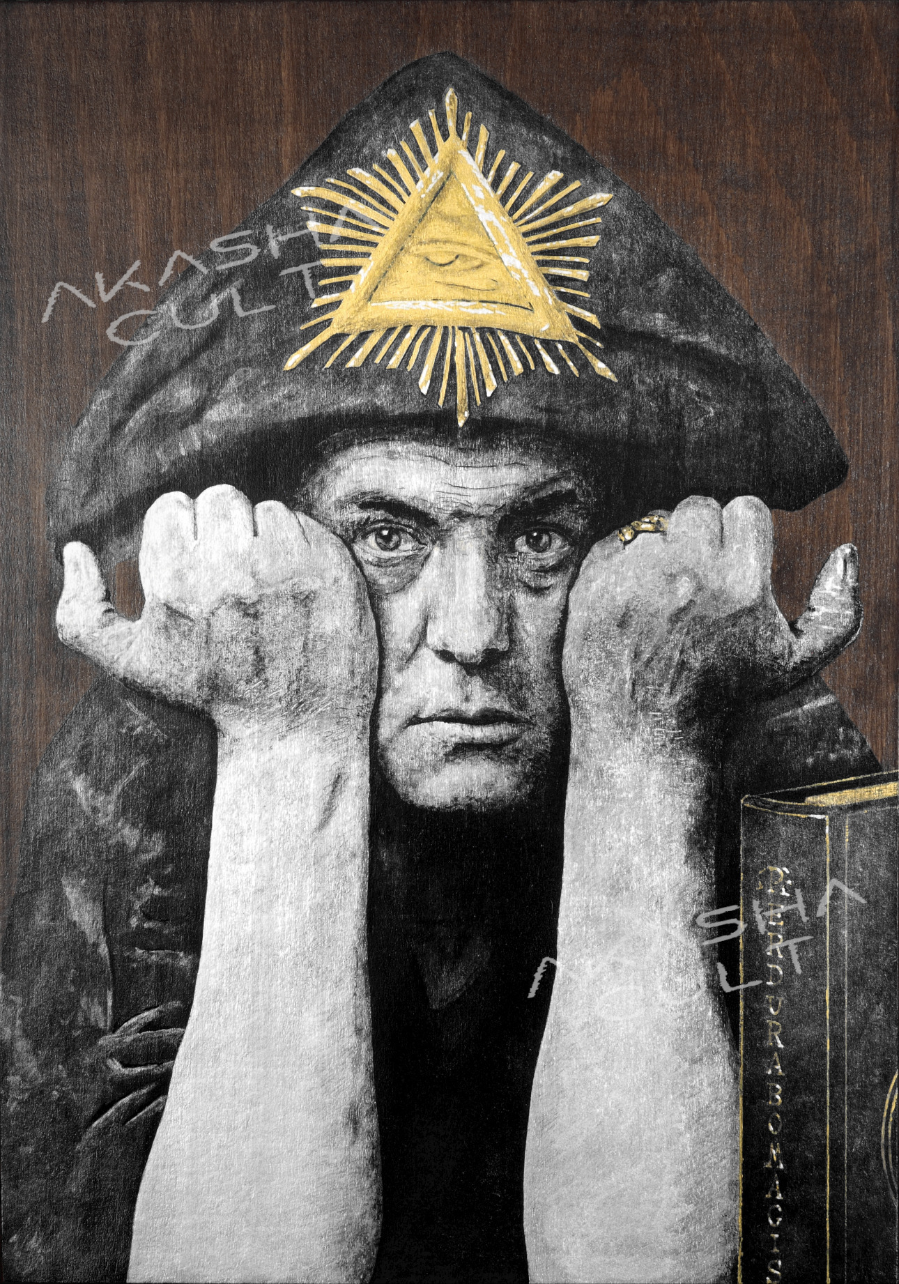 aleister crowley akasha cult original portrait painting artwork uk bristol artist silver and black on wood