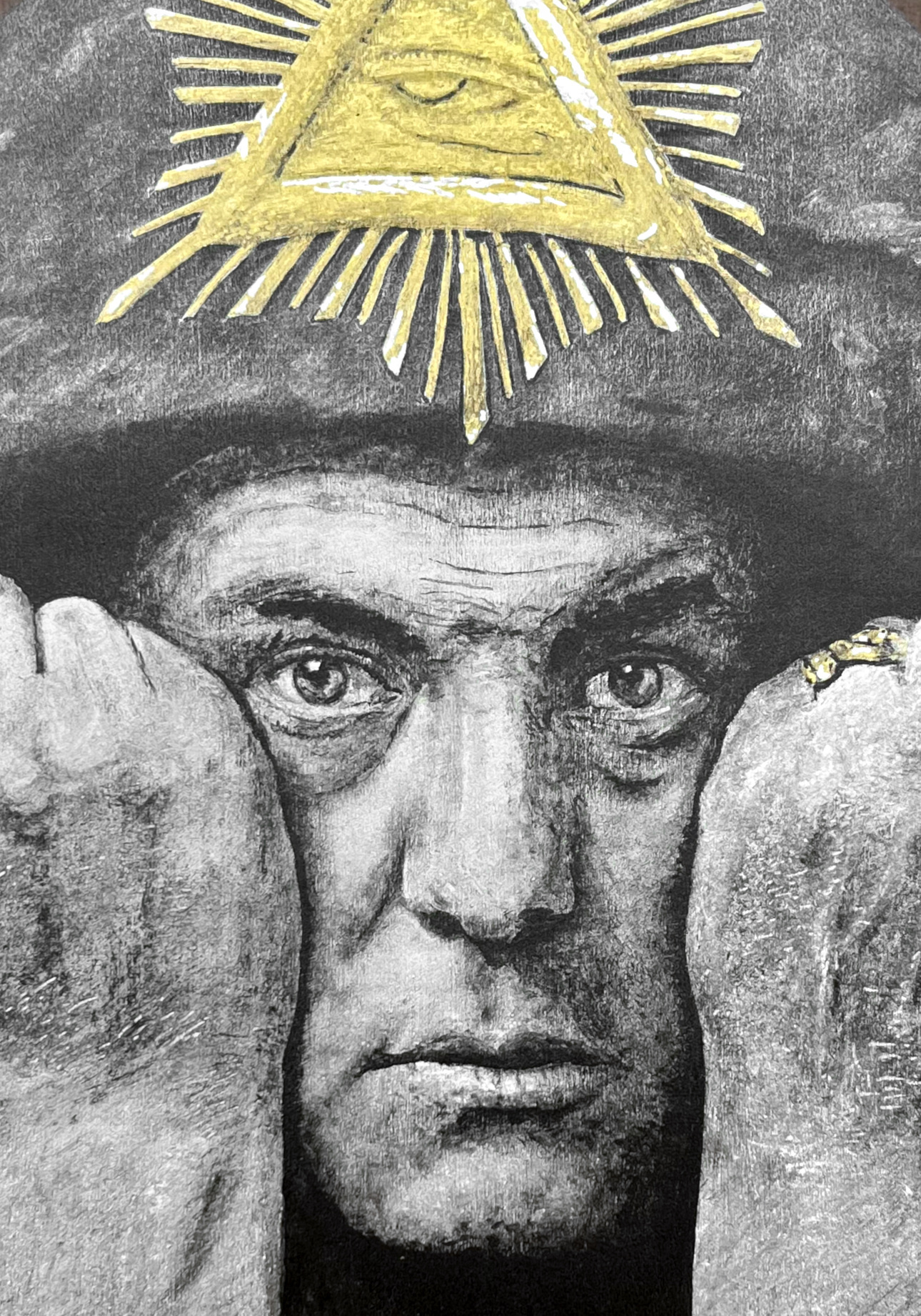 aleister crowley akasha cult original portrait painting artwork uk bristol artist silver and black on wood close up