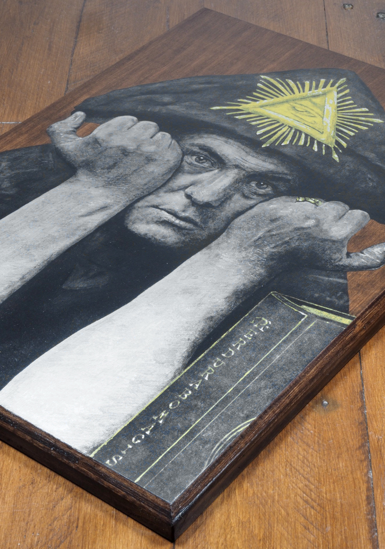 aleister crowley akasha cult original portrait painting artwork uk bristol artist silver and black on wood