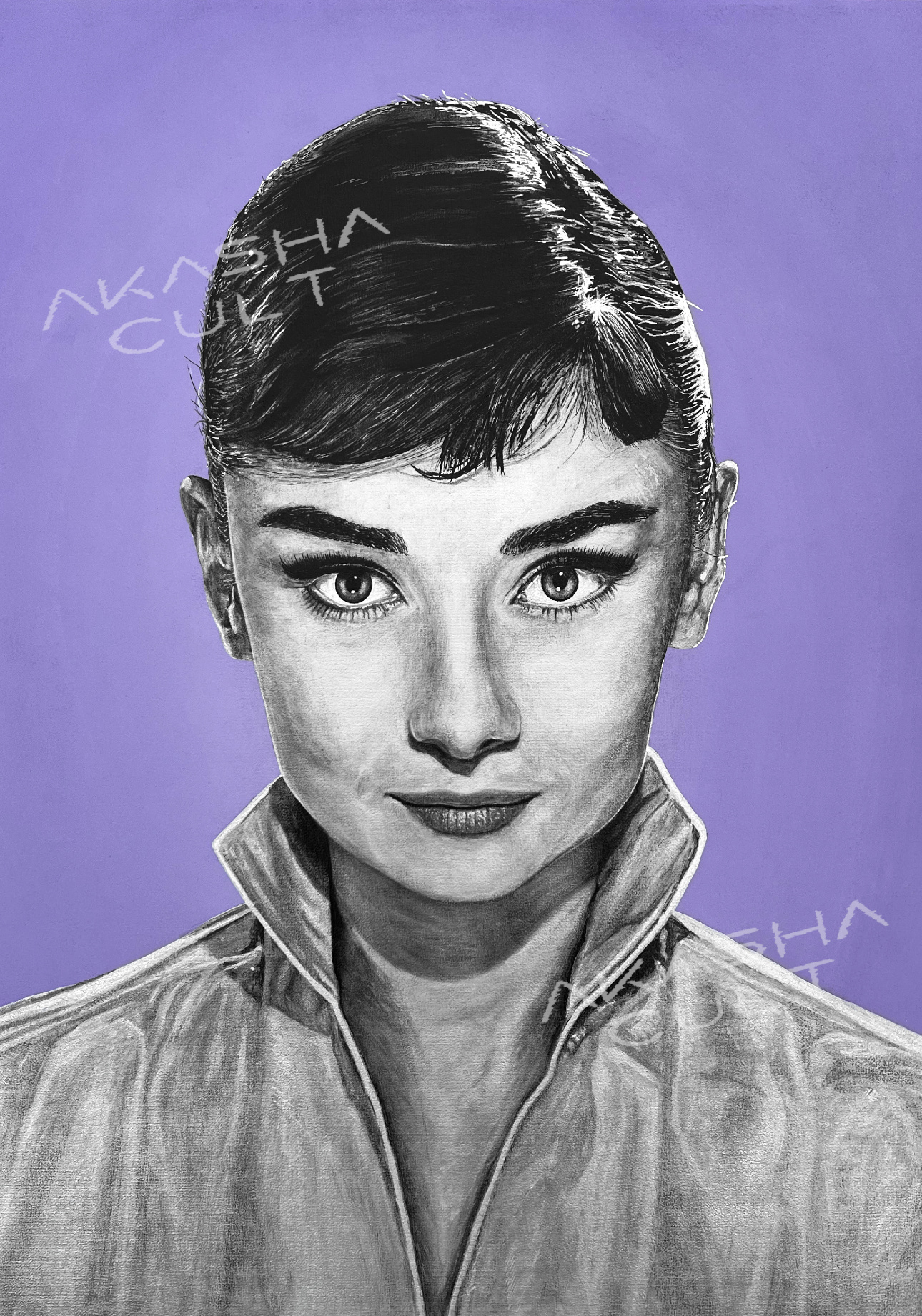 audrey hepburn akasha cult original portrait painting artwork uk bristol based artist silver and black on wood