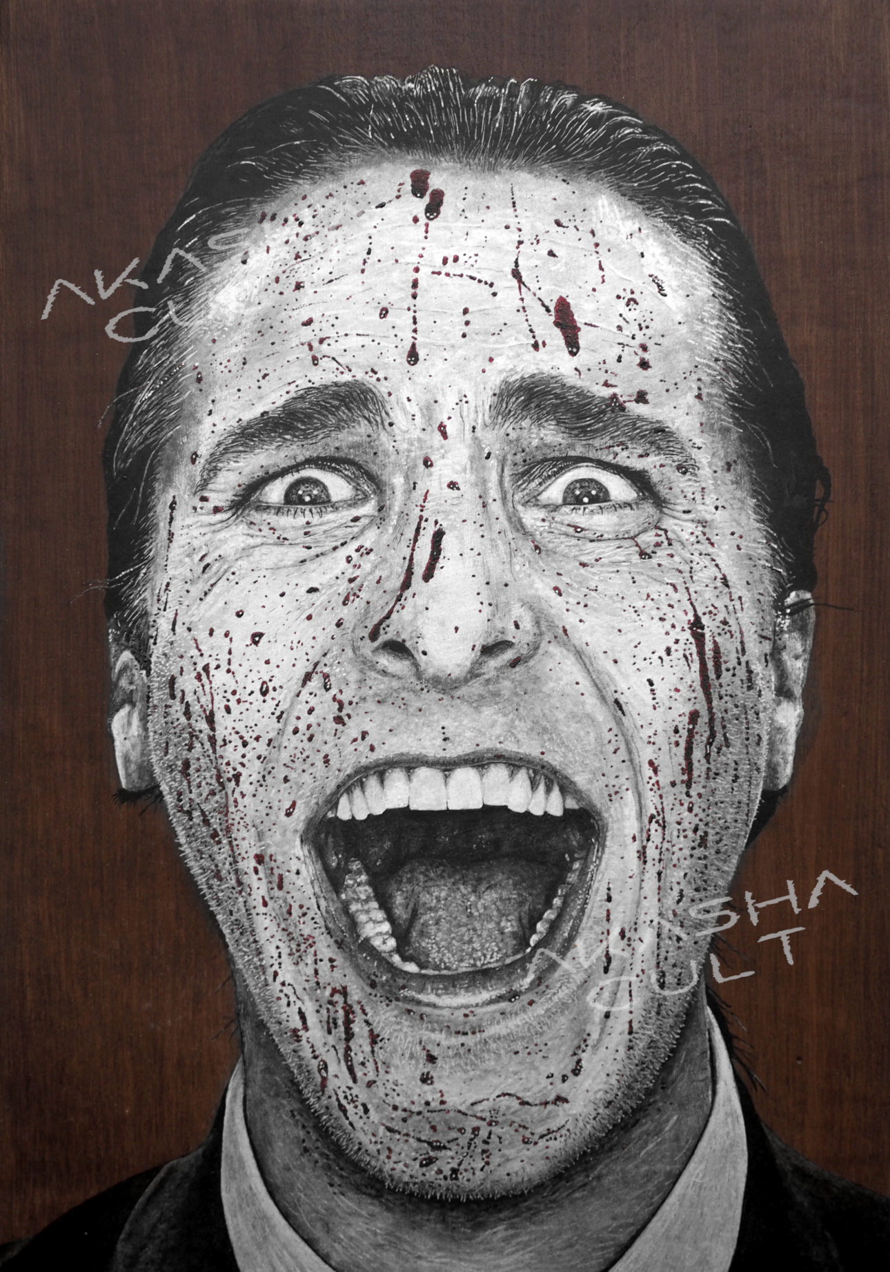 christian bale american psycho akasha cult original portrait painting artwork uk bristol based artist silver and black on wood