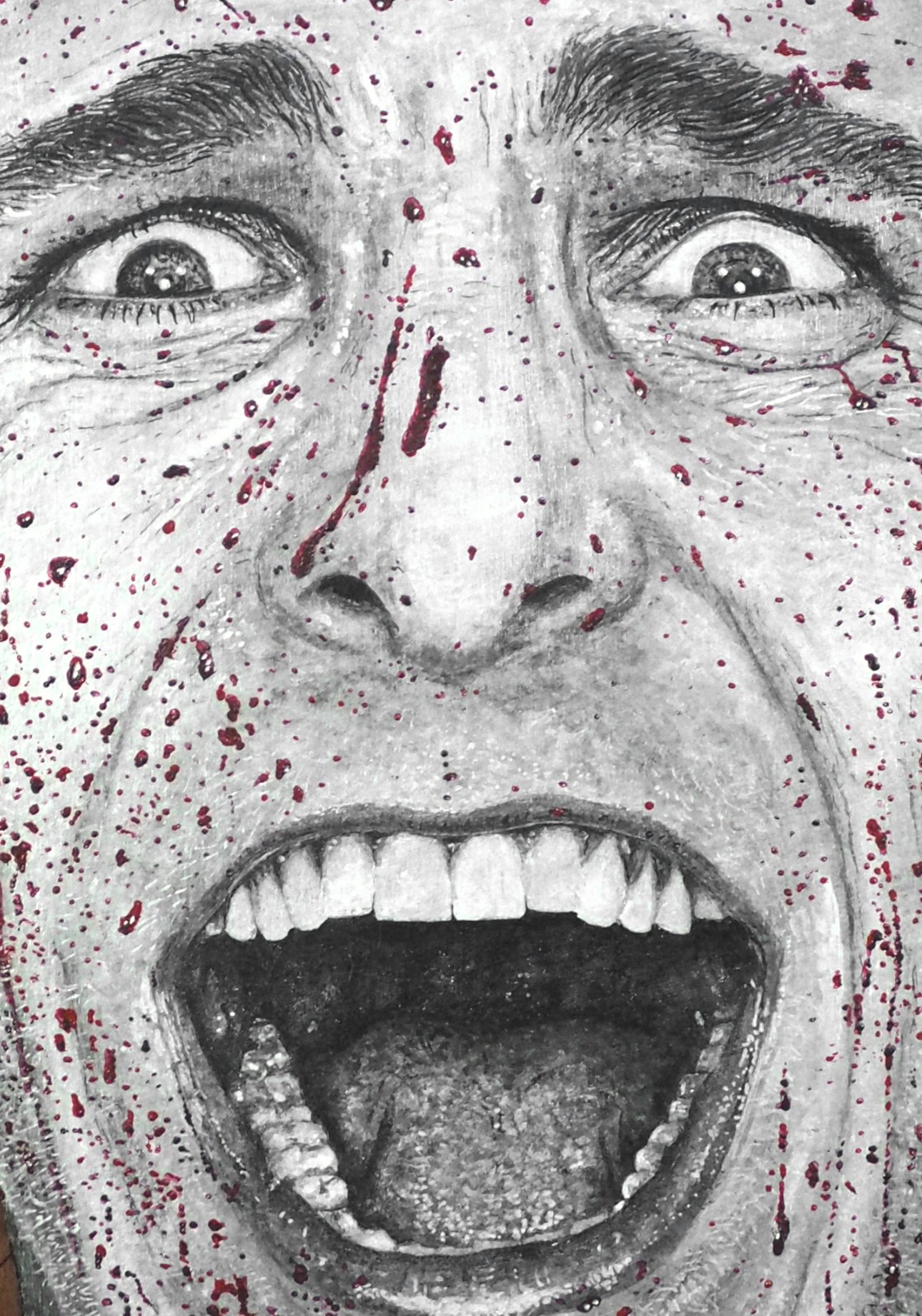 christian bale american psycho akasha cult original portrait painting artwork uk bristol based artist silver and black on wood close up