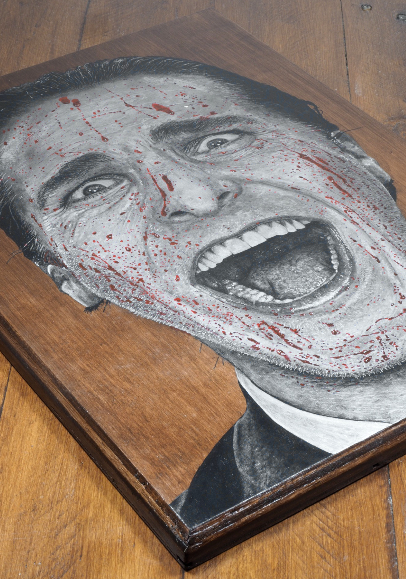 christian bale american psycho akasha cult original portrait painting artwork uk bristol based artist silver and black on wood