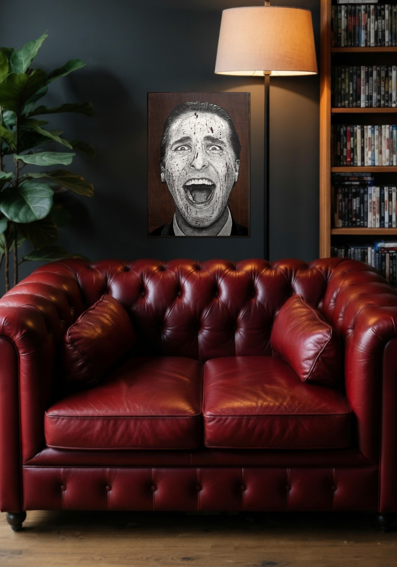 christian bale american psycho akasha cult original portrait painting artwork uk bristol based artist silver and black on wood lifestyle