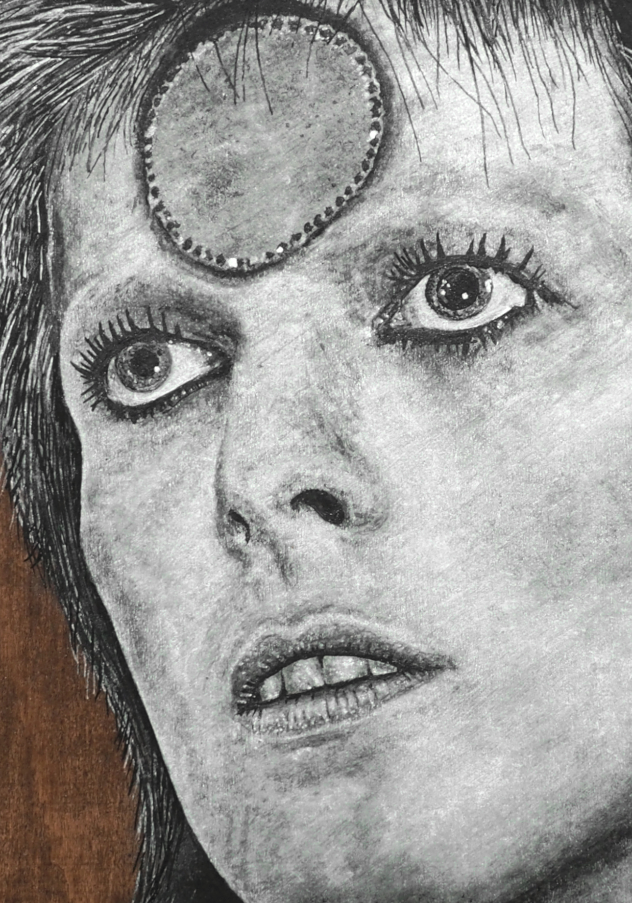 david bowie akasha cult original portrait painting artwork uk bristol based artist silver and black on wood close up