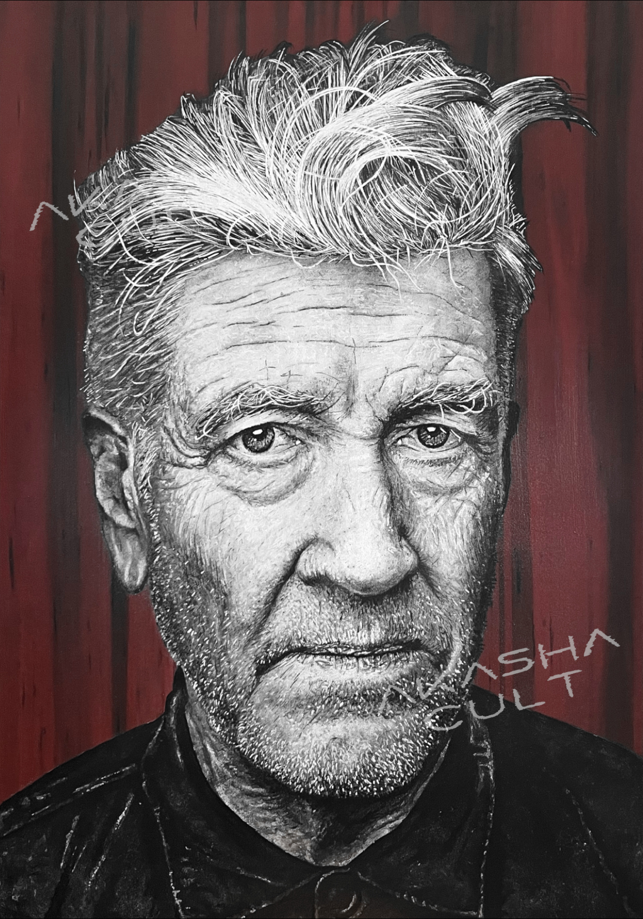 david lynch akasha cult original portrait painting artwork uk bristol based artist silver and black on wood