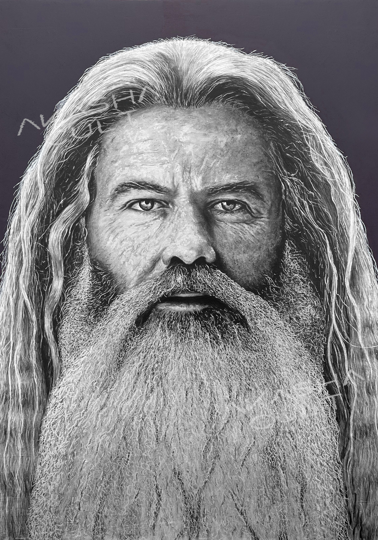 father yod from the source family akasha cult original portrait painting artwork uk bristol based artist silver and black on wood