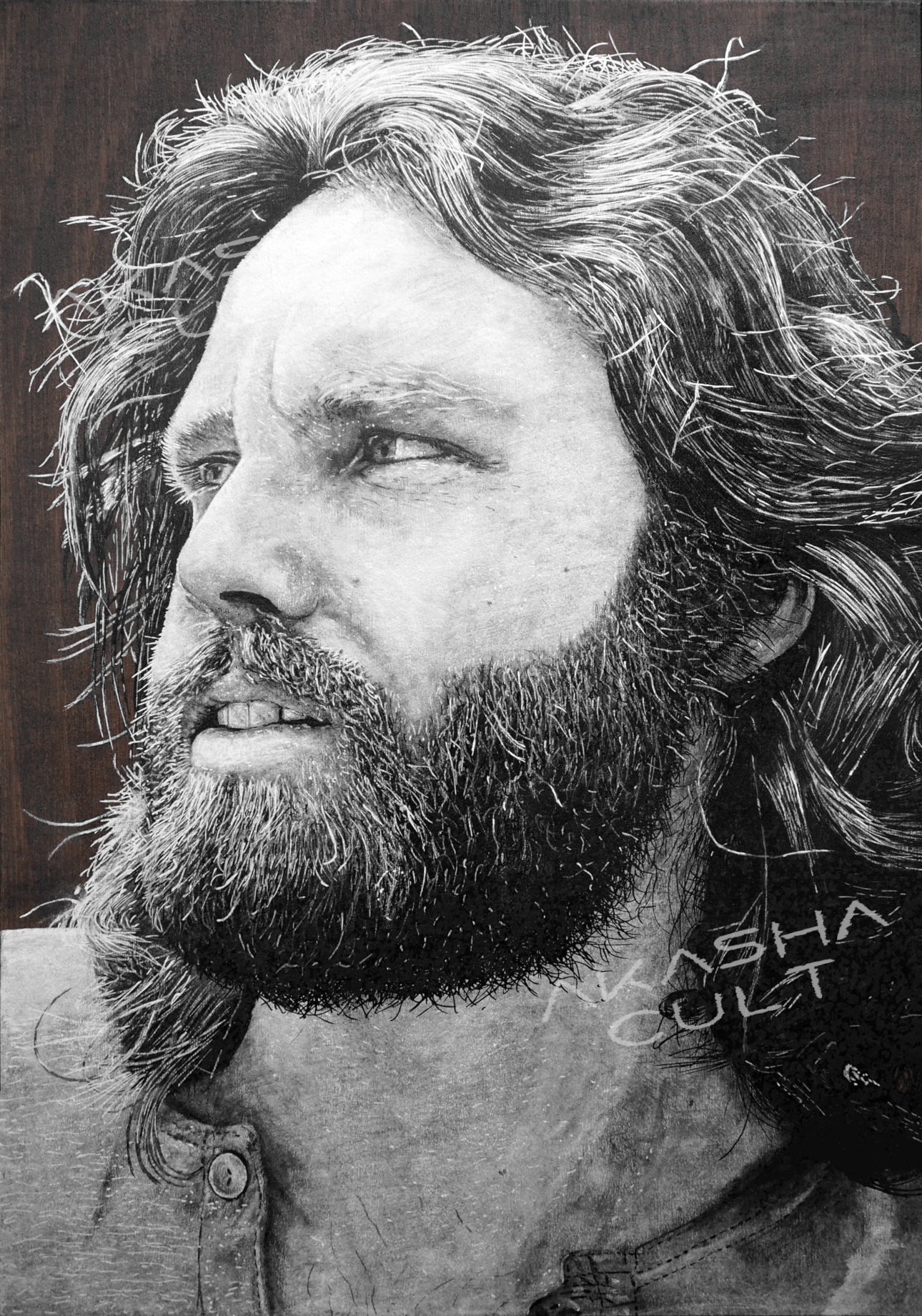 jim morrison akasha cult original portrait painting artwork uk bristol based artist silver and black on wood