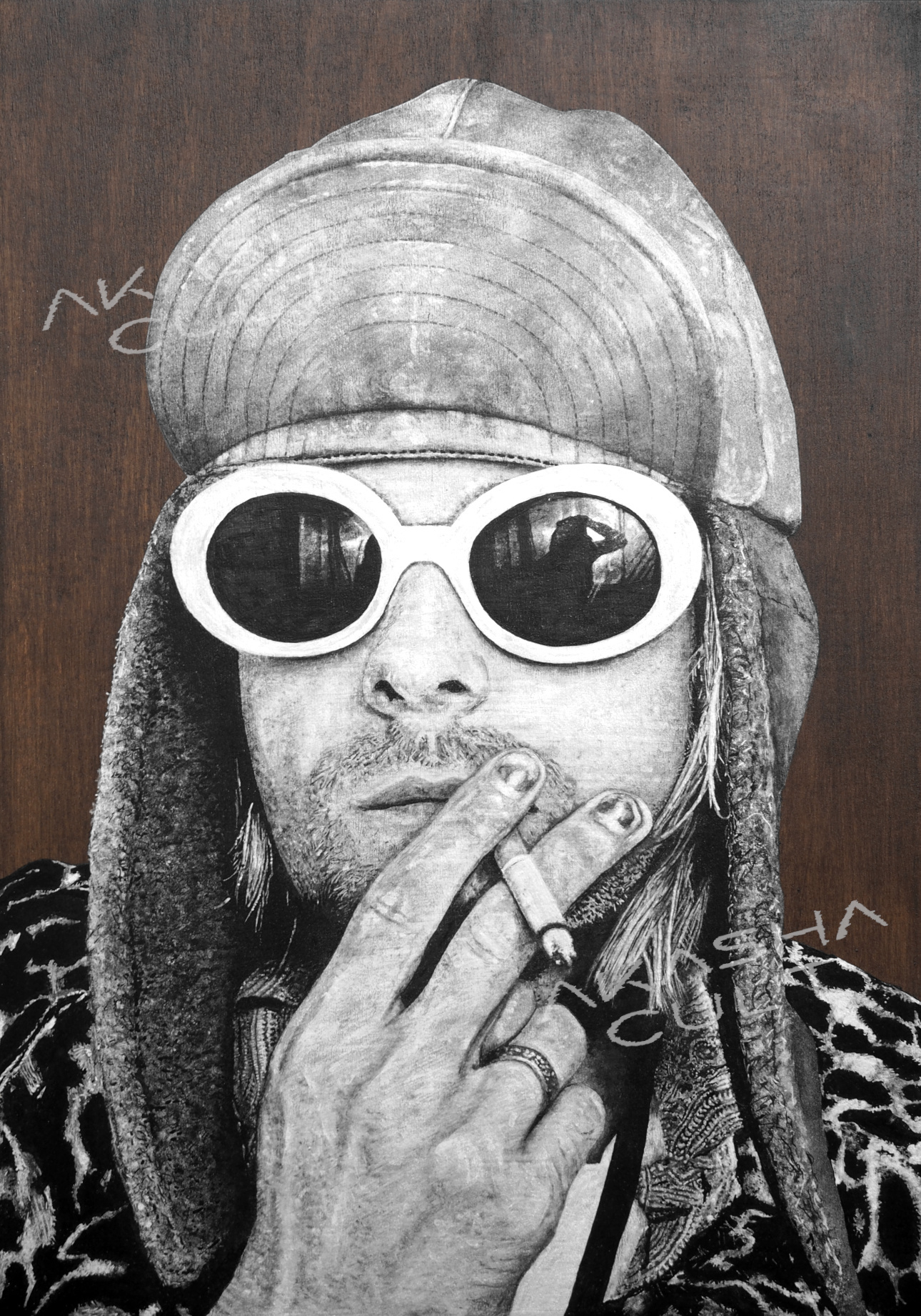 kurt cobain akasha cult original portrait painting artwork uk bristol based artist silver and black on wood