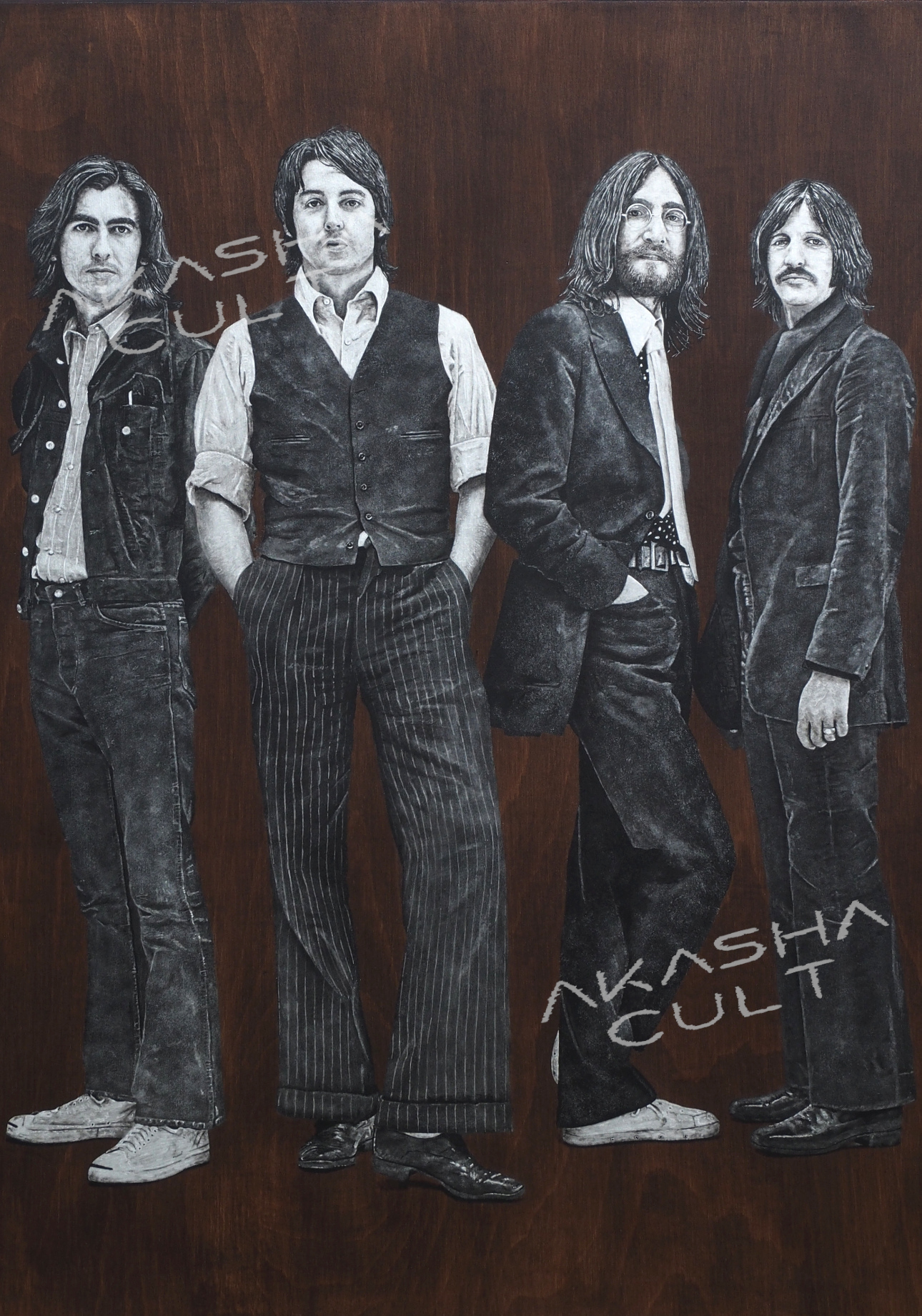 the beatles the end akasha cult original portrait painting artwork uk bristol based artist silver and black on wood